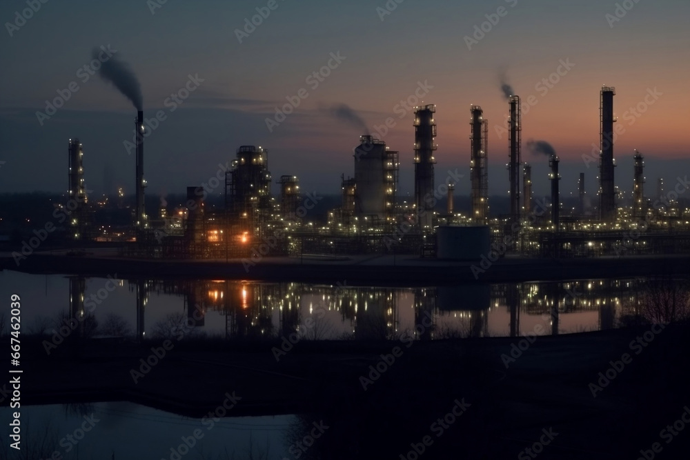 Large refinery complex with pipelines at dawn generative ai