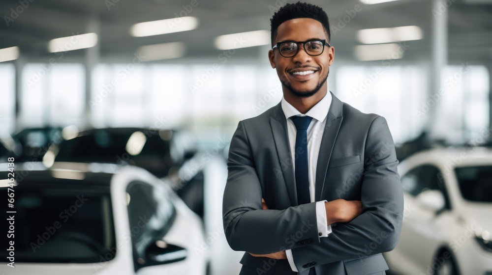 Closeup shot of successful confident smiling caucasian male shop assistant holding clipboard in formal clothes looking at camera at automobile car dealer shop