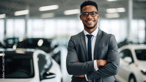 Closeup shot of successful confident smiling caucasian male shop assistant holding clipboard in formal clothes looking at camera at automobile car dealer shop © kimly