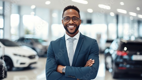 Closeup shot of successful confident smiling caucasian male shop assistant holding clipboard in formal clothes looking at camera at automobile car dealer shop © kimly