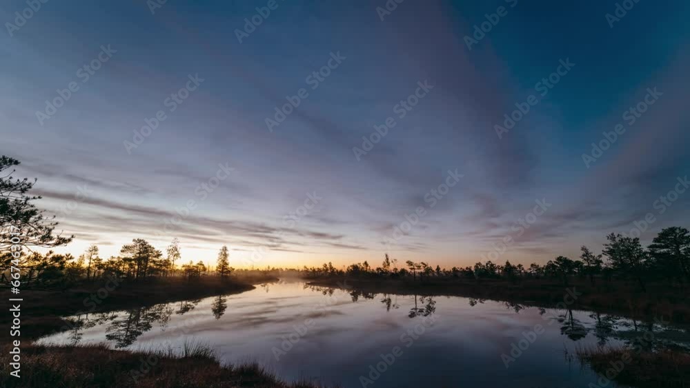 Dusk till Dawn Timelapse with fog in Swamp. Dusk till Dawn Timelapse with fog in Swamp.