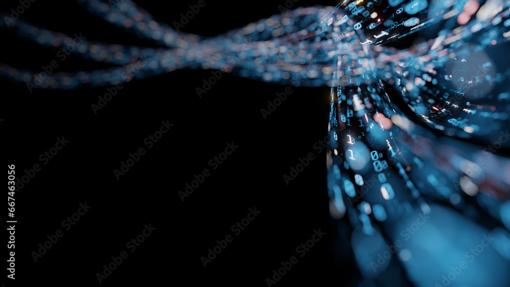 Fototapeta premium 3D Rendering of abstract glass tube, wire cable with digital binary data transmitting. Inside AI concept. Technology, machine learning, big data, virtualization. Product background
