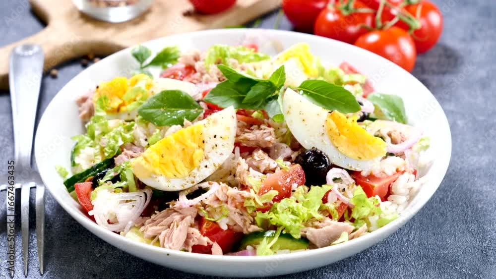 mixed vegetable salad with egg, tomato,rice mixed vegetable salad with egg, tomato,rice