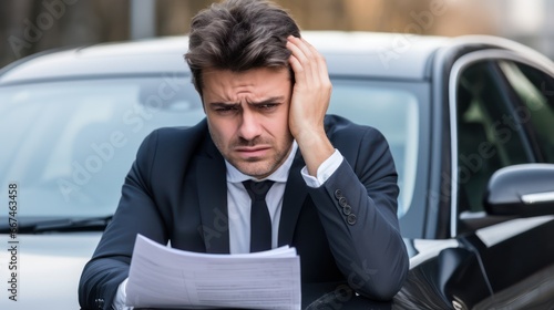 Businessman headache holding document with car problem background 