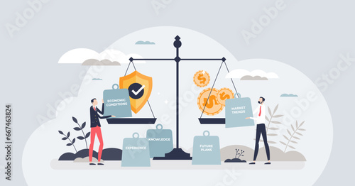 Finance planning or financial risk tolerance management tiny person concept. Compare money investment safety with economic issues vector illustration. Business planning with various market conditions