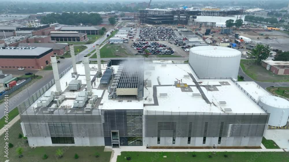 Industrial building. Aerial perspective of the Henry Ford campus: prominent buildings, vast parking, and a distinctive storage tank. A testament to Ford's enduring heritage. Industrial building. Aerial perspective of the Henry Ford campus: prominent buildings, vast parking, and a distinctive storage tank. A testament to Ford's enduring heritage.