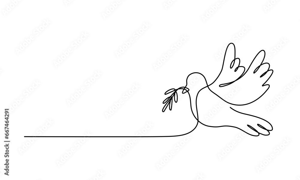 Continuous line art of a dove with an olive branch, Peace day concept ...