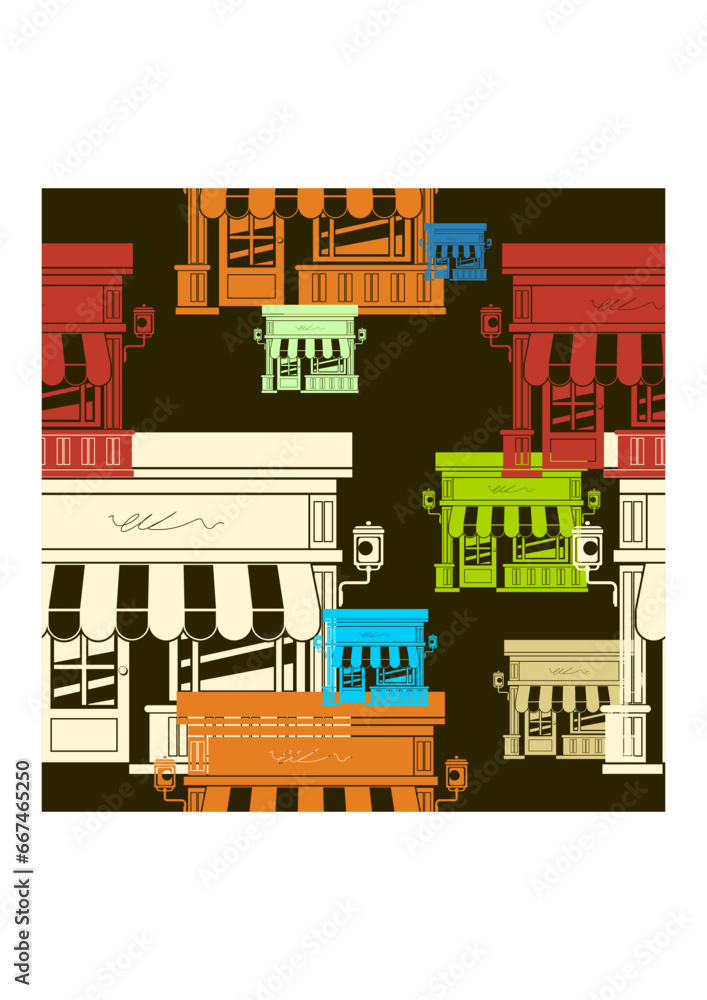 Editable Front View Shop Building Vector Illustration as Seamless Pattern With Dark Background for Decorative Element of Marketing Concept Related Design Editable Front View Shop Building Vector Illustration as Seamless Pattern With Dark Background for Decorative Element of Marketing Concept Related Design