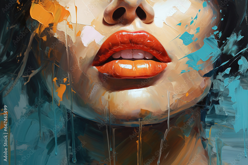 Close-up of a woman's face, sensual red lips art illustration canvas - obrazy, fototapety, plakaty 