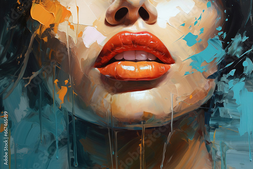 Fototapeta Close-up of a woman's face, sensual red lips art illustration canvas