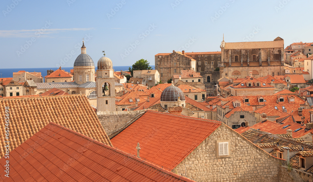 Aerial view of Dubrovnik Old Town with red roofs on the foreground, Croatia, Europe
