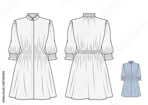 Dress with small stand-up collar and slim pleat at the waist,Vector Fashion Illustration , CAD, Technical Drawing, Flat Drawing