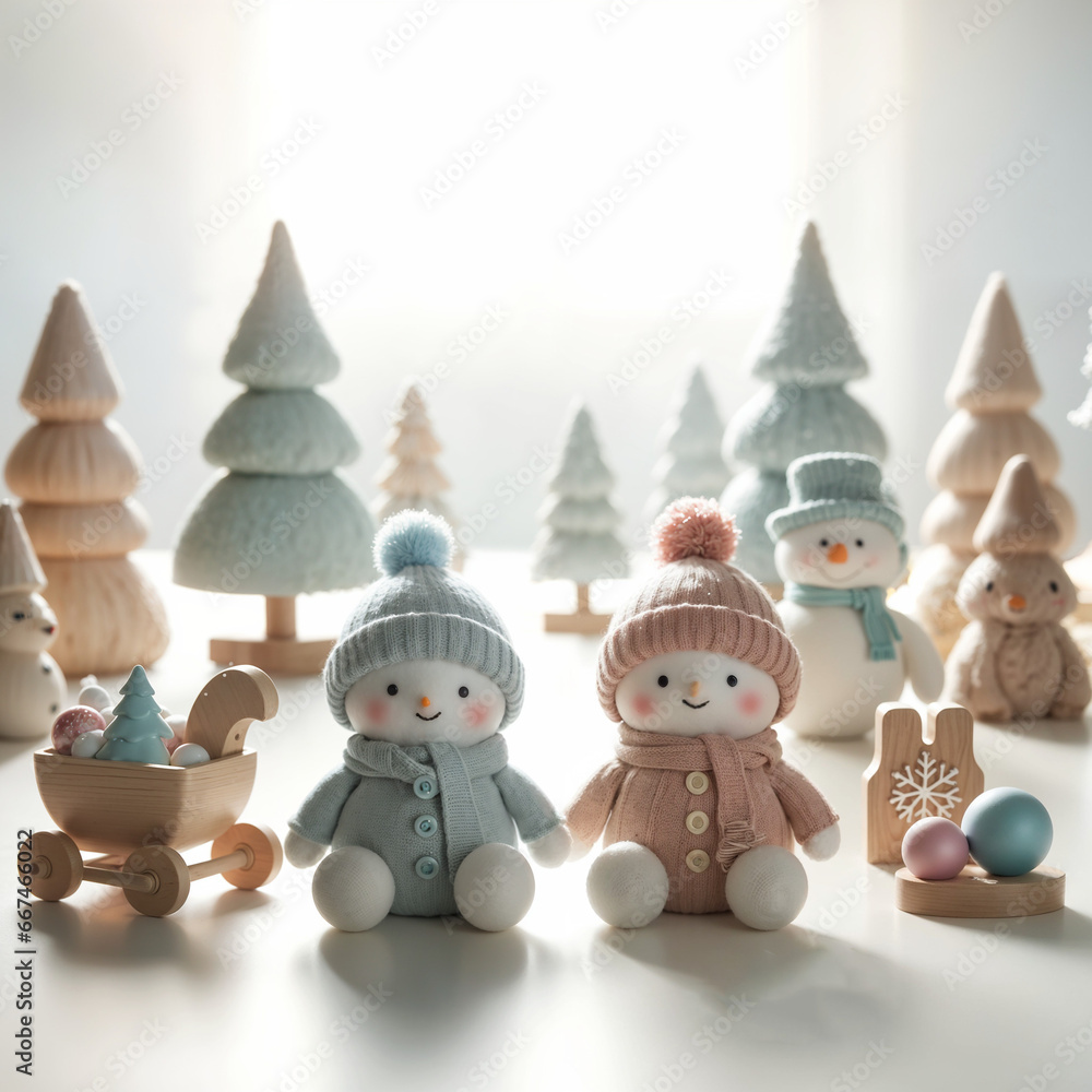Toy snowmen in wooden forest