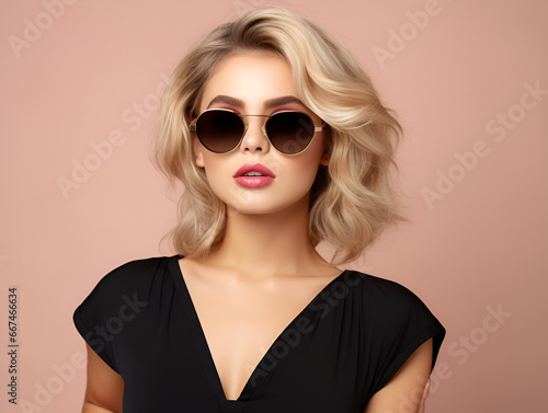 Stylish beautiful fashion girl wear trendy sunglasses looking at camera, retro vogue sexy attractive young model woman blond hair in eyewear posing on beige studio background, portrait 