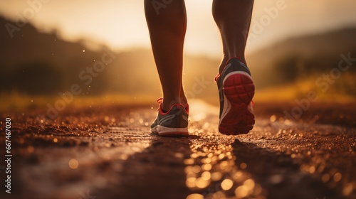 A close-up of the legs of a male runner on a dirt road in nature with sunlight Outdoor trail running training, Start of runner running to success and goal conc