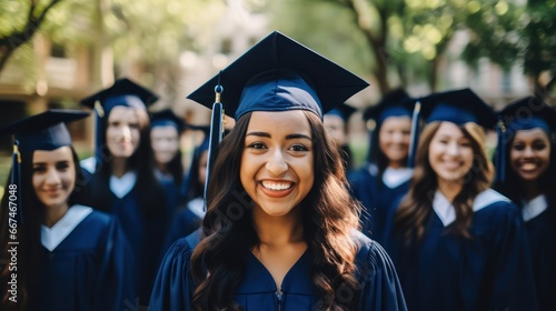 Portrait enthusiastic college graduates in cap gown posing diploma photo