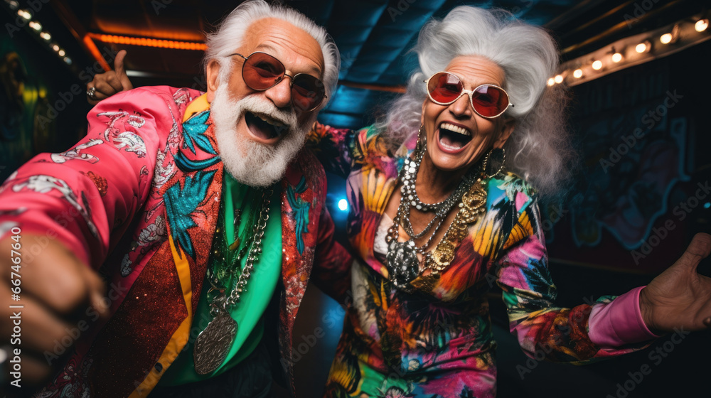 Older senior couple having a great time laughing and dancing wearing bold colorful outfits