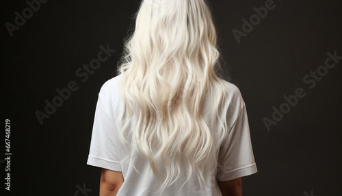 Silky platinum blonde hair cascading down a woman's back, set against a contrasting dark backdrop, highlighting the waves and texture photo