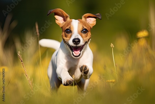 Jack Russell Terrier dog running in the grass on a sunny day, Jack russell terrier dog in a car on the road, AI Generated
