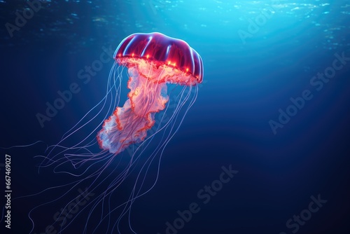 Jellyfish in the deep blue ocean. 3D Rendering, Jellyfish in the deep blue ocean. 3d illustration, AI Generated © Ifti Digital
