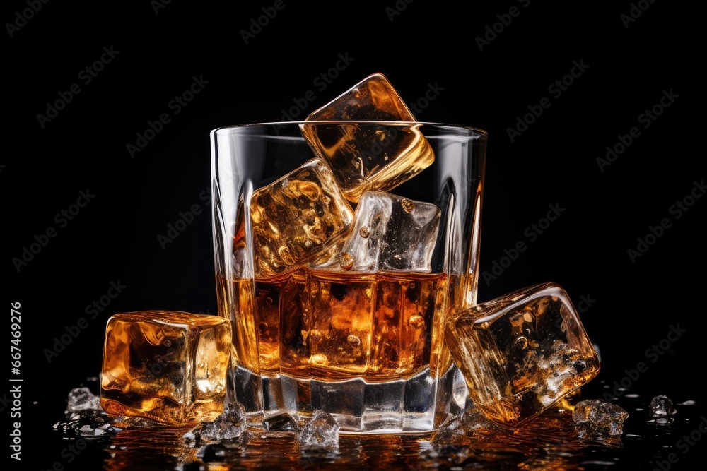 Glass of whiskey with ice cubes on black background. Close up, lass of whiskey with ice cubes on plain background, AI Generated Glass of whiskey with ice cubes on black background. Close up, lass of whiskey with ice cubes on plain background, AI Generated