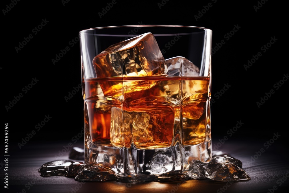 Glass of whiskey with ice cubes on wooden table. Black background, lass of whiskey with ice cubes on plain background, AI Generated