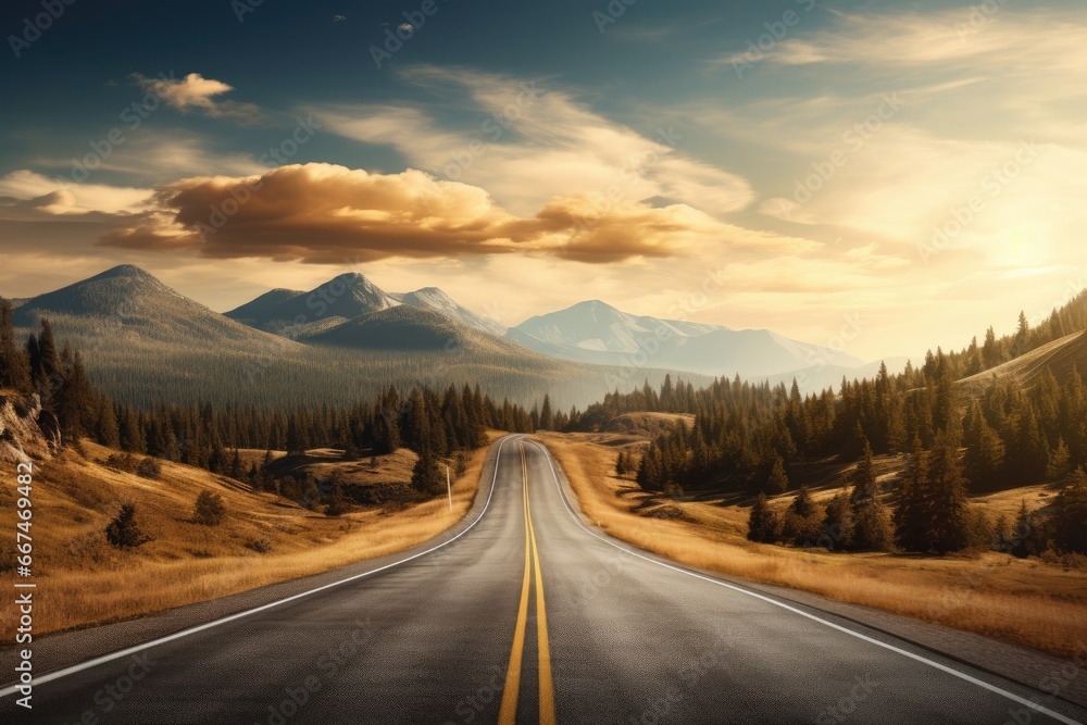 Fototapeta premium Highway in the mountains. Dramatic sunset sky. 3d rendering, Long highway road landscape in a rural area, AI Generated