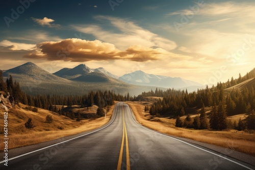 Highway in the mountains. Dramatic sunset sky. 3d rendering,   Long highway road landscape in a rural area, AI Generated © Ifti Digital