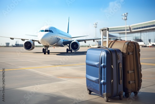 Luggage and airplane on the runway of the airport. Travel concept, Luggage at the airport and a commercial airplane in the background, AI Generated