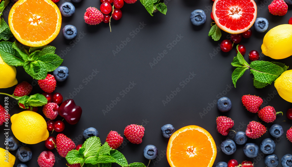 Fruits and berries with mint leaves around place to insert text with black background.