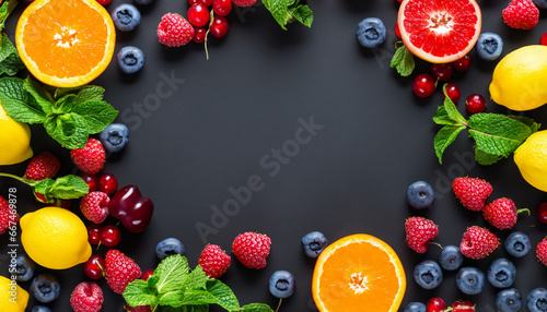 Fruits and berries with mint leaves around place to insert text with black background.