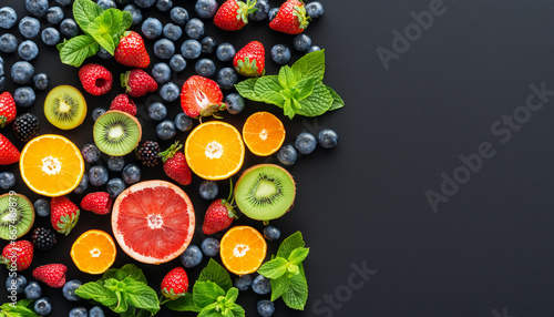 top view of fresh fruits  berries and mint leaves on black background with space for text.