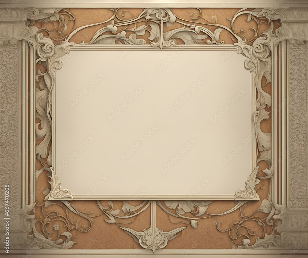 Obraz premium Hintergrund und Vorlage eines alten Jugendstil Bilderrahmens mit floralen Ornamenten, wie die Dekoration eines Spiegels. Für Einladungen zur Hochzeit oder Jubiläum ist eine freie Fläche, wie Papier