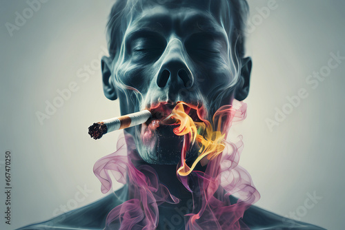 A frail man, almost skeletal, smoking a cigarette. Concept for smoking causing death with colored smoke suggesting toxic chemicals being ingested, absorbed and breath out.