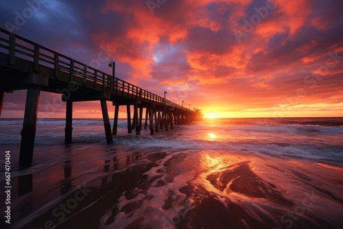 Sunset on the beach in Huntington Beach, Orange County, California, long tall pier at sunset, small waves rolling in, AI Generated