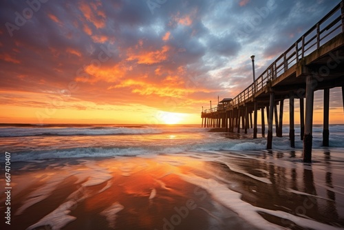 Sunset over the pier on the Pacific Ocean in California  USA  long tall pier at sunset  small waves rolling in  AI Generated