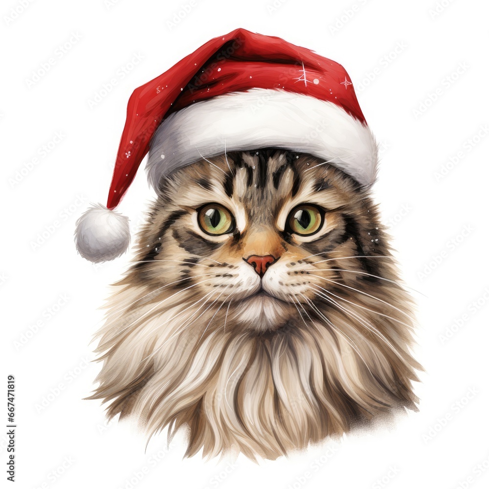 Christmas cat in red Santa Claus hat on white background Christmas cat in red Santa Claus hat on white background