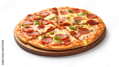 Pepperoni pizza on white background.Traditional pizza with salami and cheese. Italian food background.