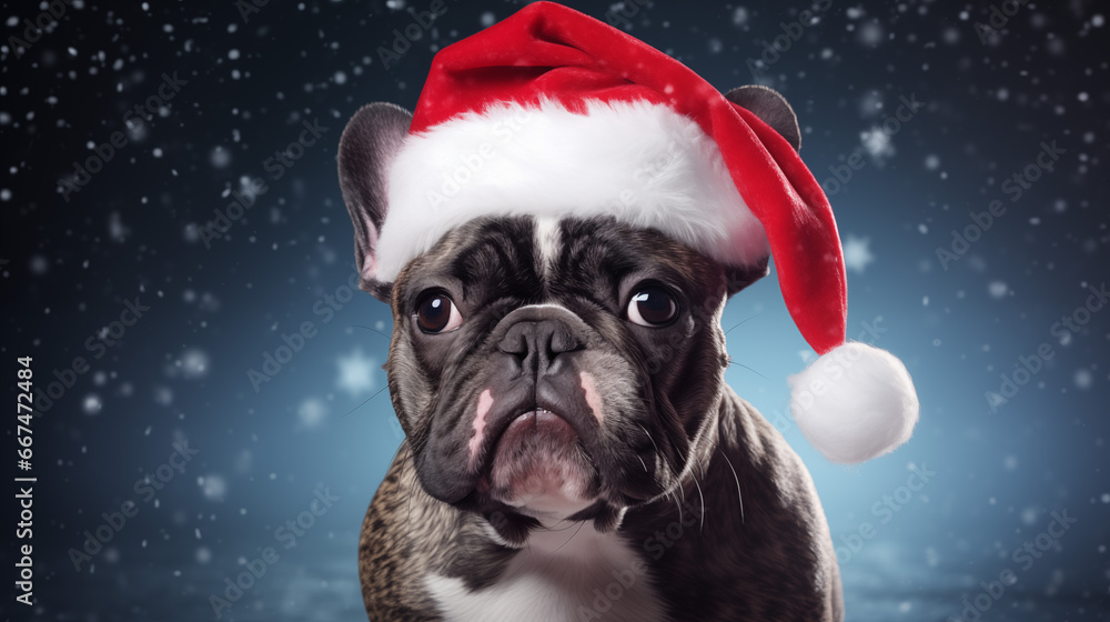 French bulldog in Santa Claus hat standing in the snowfall. Christmas design or advertising for dog food. Banner.