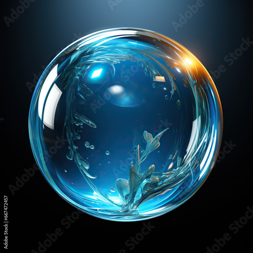 Vibrant Dance of Fluid Energy in a Glass Sphere,abstract background with glowing circles,glass sphere on a black background