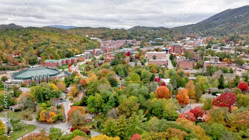 aerial push in to boone nc, north carolina and the appalachian state university campus photo