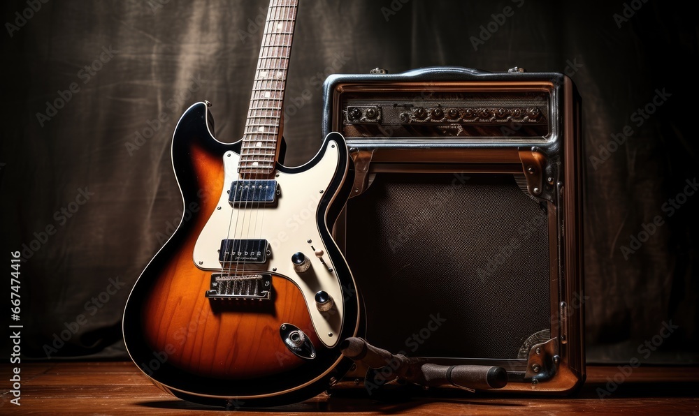 A guitar and amp on a table - obrazy, fototapety, plakaty 