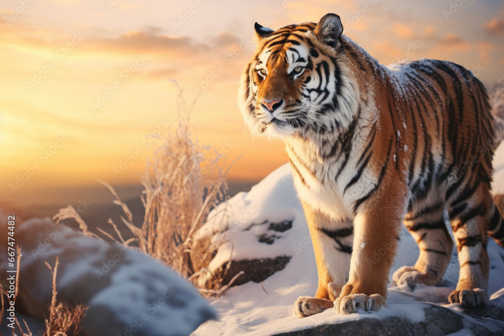Obraz premium Tiger on stone in winter mountain background. Created with Generative AI