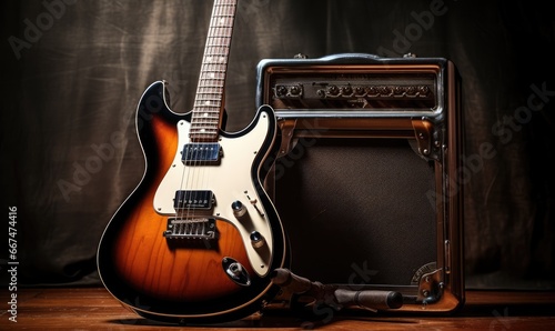 A guitar and amp on a table photo