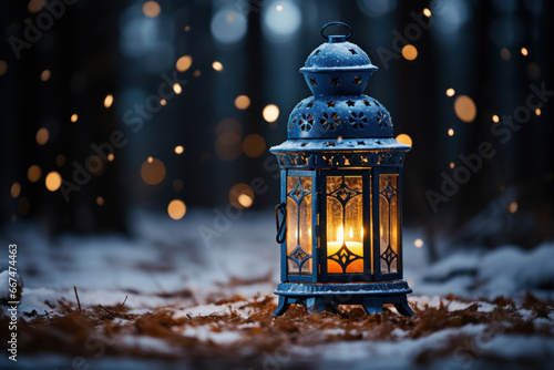 Christmas lantern on snow. Generative ai © Uliana