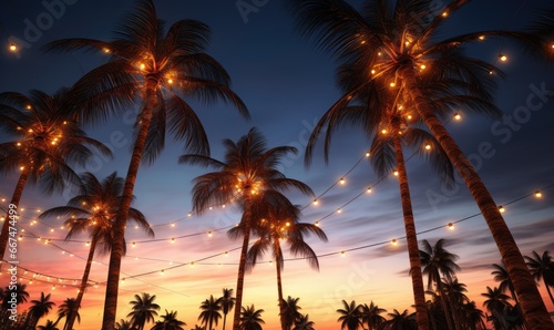Photo of palm trees illuminated with lights at night