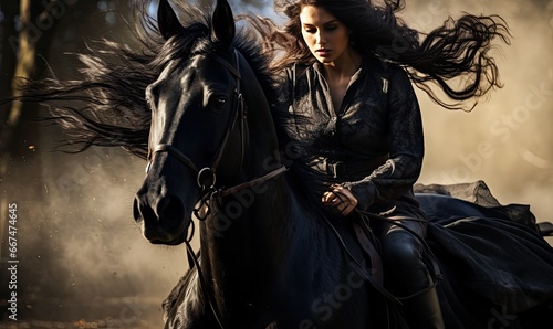 A woman riding a black horse © uhdenis