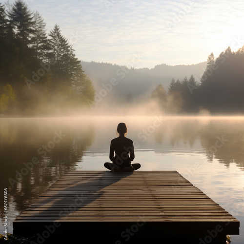 A woman in a meditation pose on a pier
