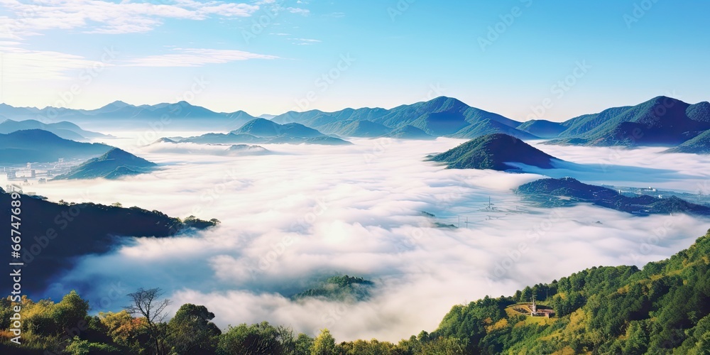 Beautiful mountain landscape with clouds floating below. Mountain landscape with clouds by Generative AI