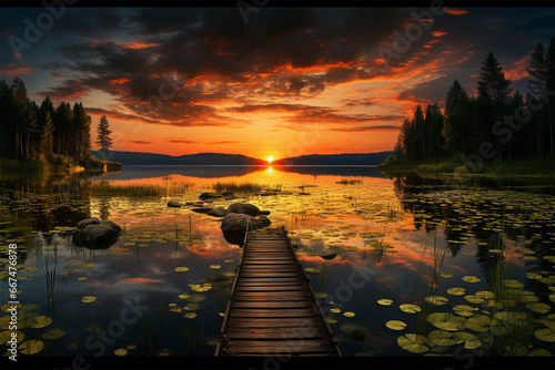 Beautiful sunrise panorama over the lake